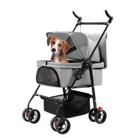 4 Wheels Pet Stroller Foldable Carrier Strolling Cart Travel Jogger Pet Stroller with Removable Liner Storage Basket for Dog Cat (Color: grey)